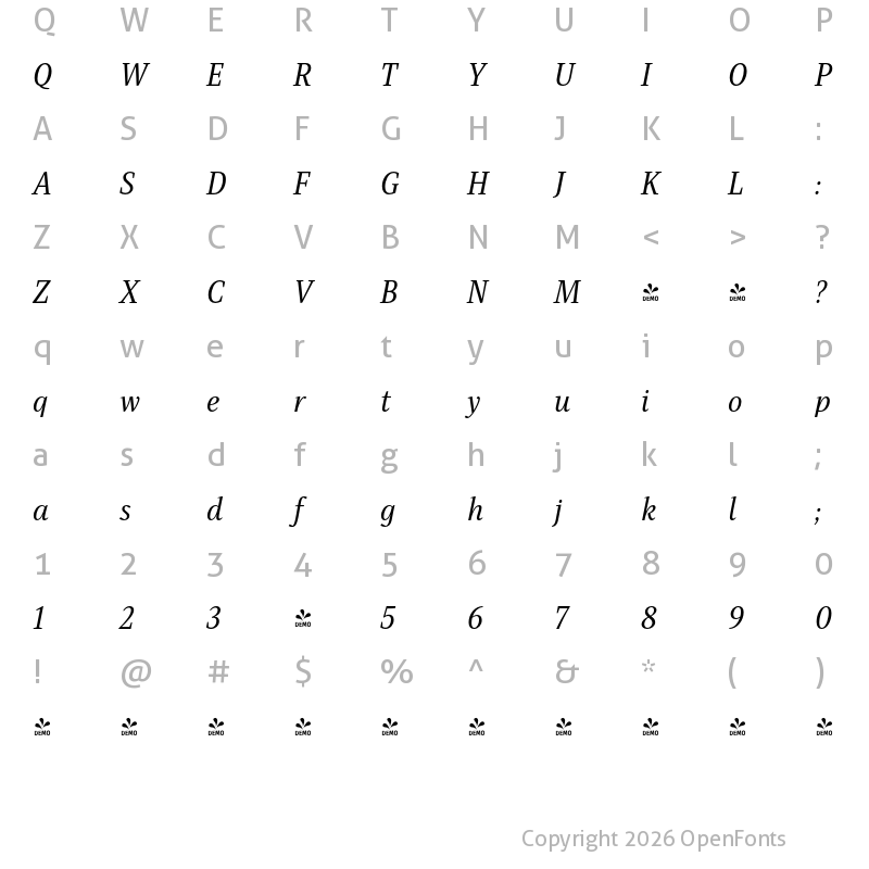 Character Map of FONTSPRING DEMO - Singel Italic