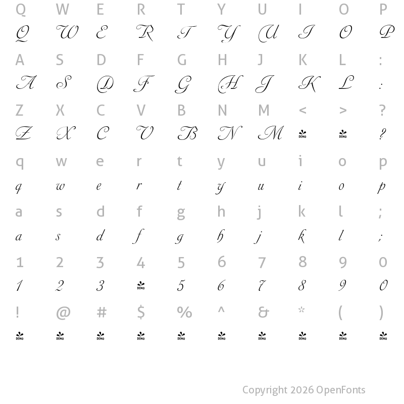 Character Map of FONTSPRING DEMO - Siren Script Pro Regular