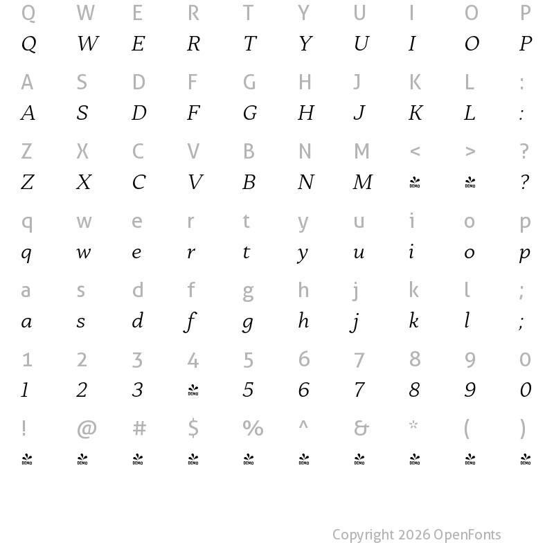 Character Map of FONTSPRING DEMO - Skema Pro Livro Lt Italic