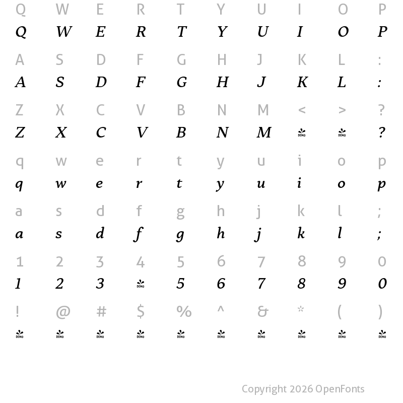 Character Map of FONTSPRING DEMO - Skema Pro Livro Md Italic