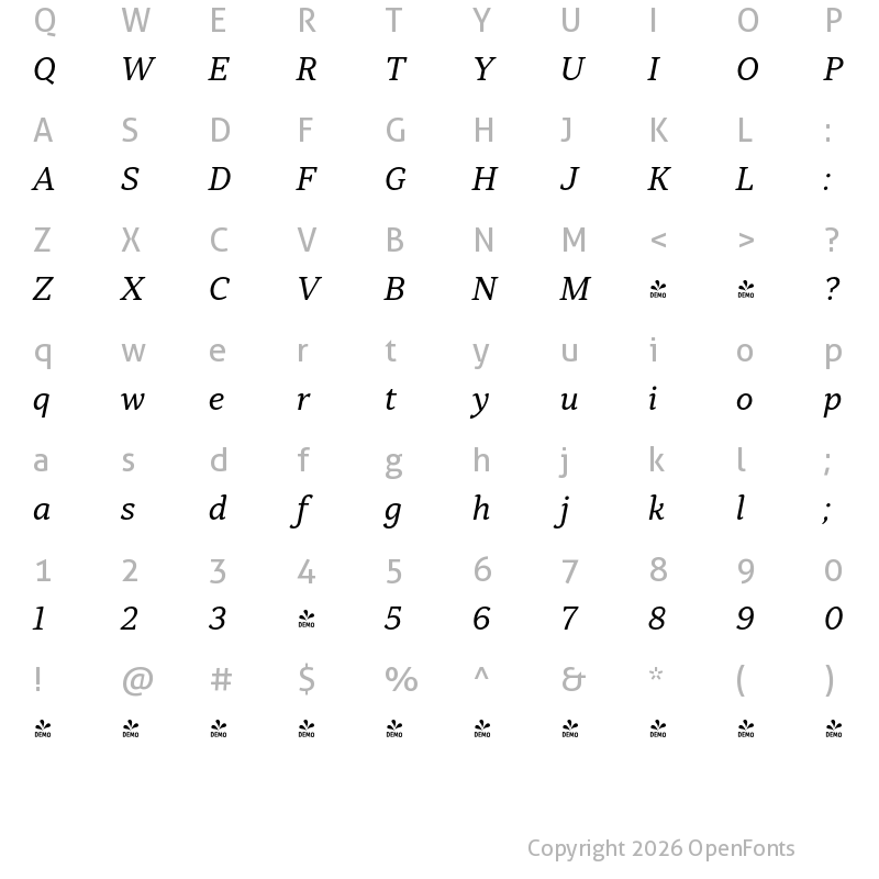 Character Map of FONTSPRING DEMO - Skema Pro News Italic