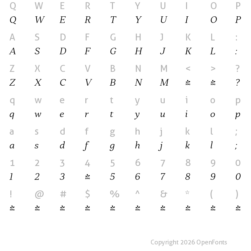 Character Map of FONTSPRING DEMO - Skema Pro Omni Lt Italic