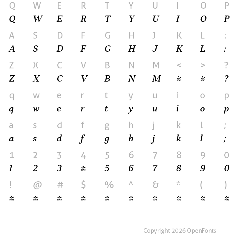 Character Map of FONTSPRING DEMO - Skema Pro Omni Md Italic