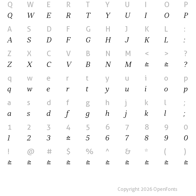 Character Map of FONTSPRING DEMO - Skema Pro Title Lt Italic
