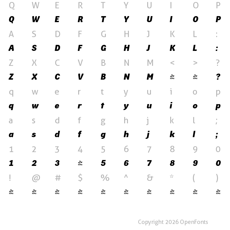 Character Map of FONTSPRING DEMO - Skilt Gothic Extrabold Italic