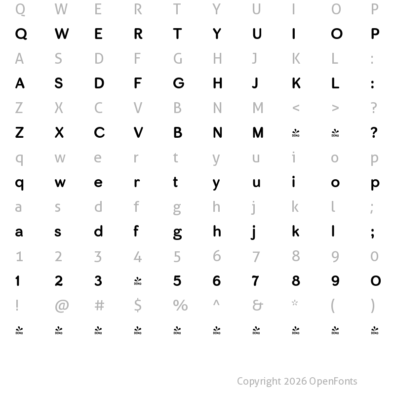 Character Map of FONTSPRING DEMO - Skirt Rg Bold