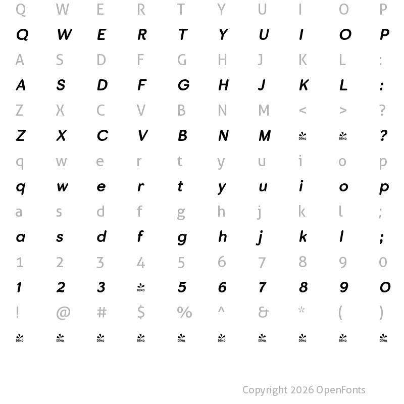 Character Map of FONTSPRING DEMO - Skirt Rg Bold Italic