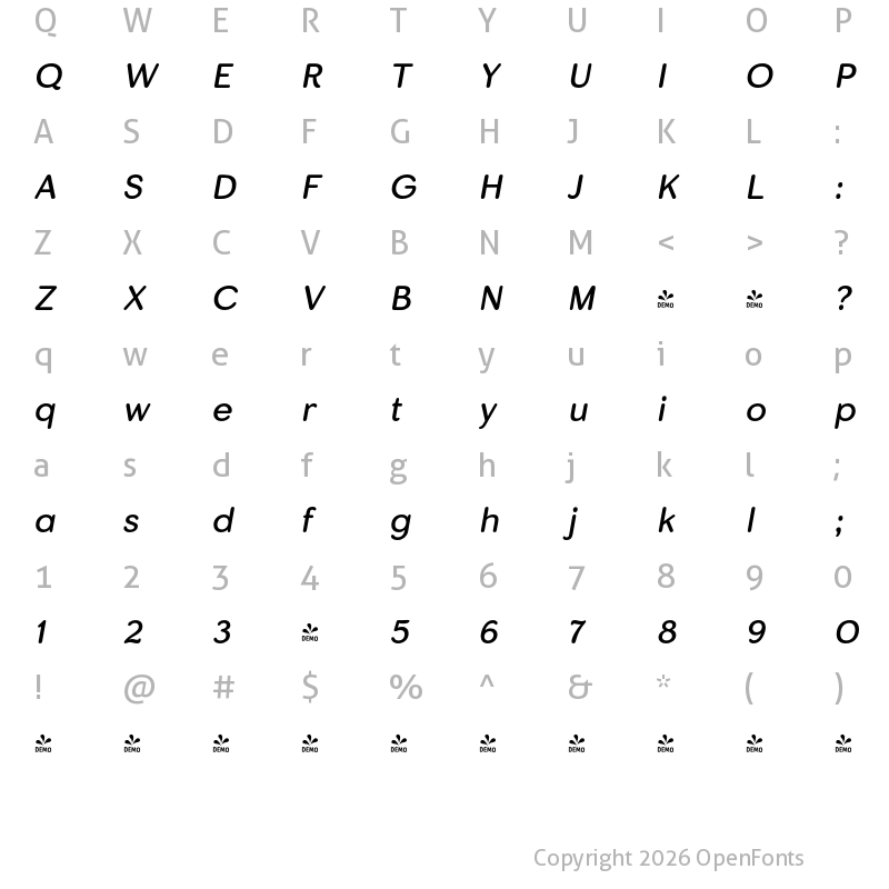 Character Map of FONTSPRING DEMO - Skirt Rg Italic