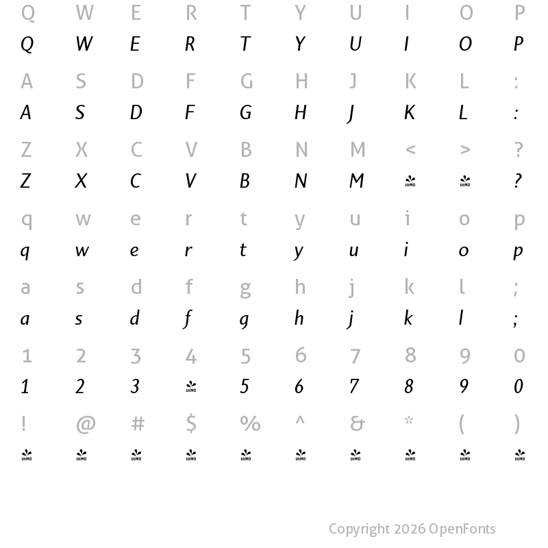 Character Map of FONTSPRING DEMO - Sky Sans Medium Medium Italic