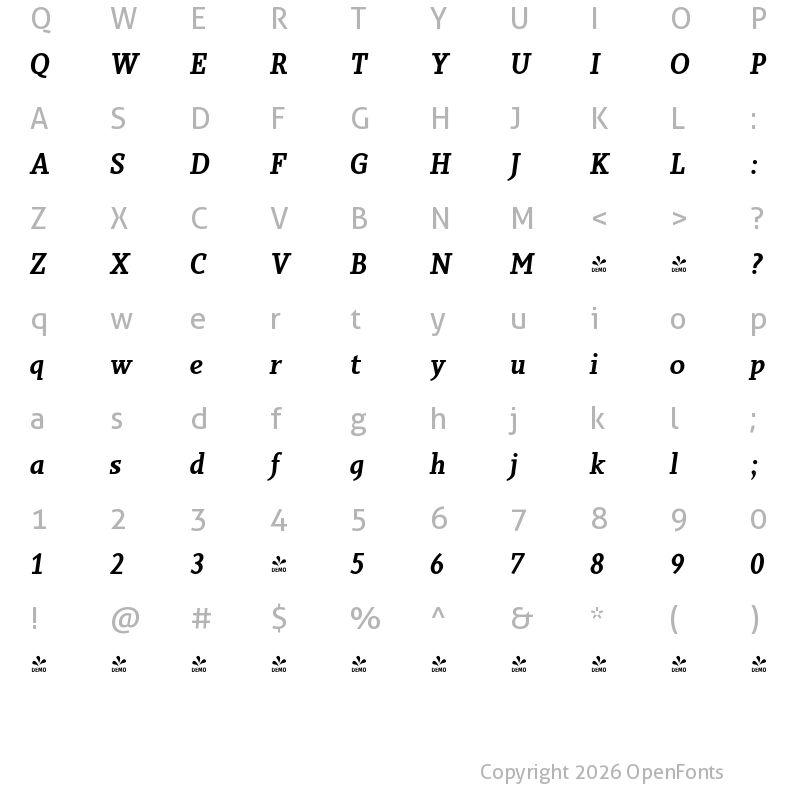 Character Map of FONTSPRING DEMO - Sky Serif Semibold Semibold Italic