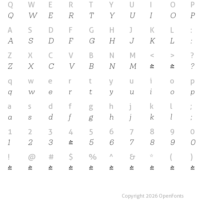 Character Map of FONTSPRING DEMO - Slab Th It Italic