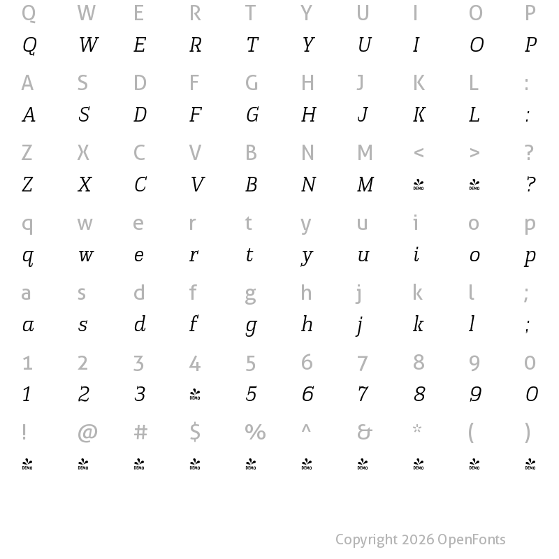 Character Map of FONTSPRING DEMO - Slabic Regular Italic Regular