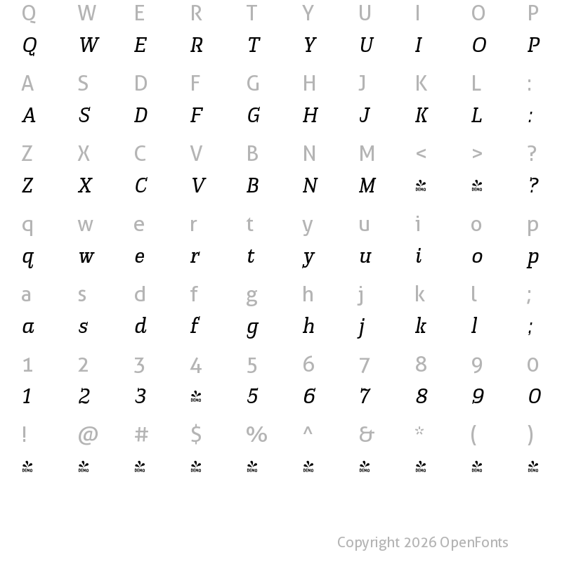 Character Map of FONTSPRING DEMO - Slabic Semi Bold Italic Regular