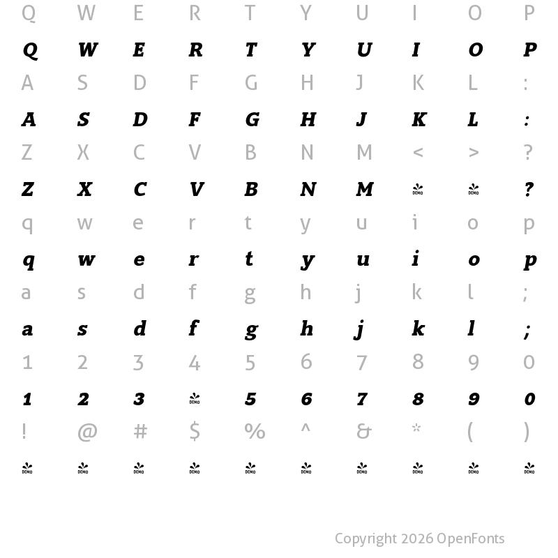 Character Map of FONTSPRING DEMO - Slam-Oblique Bold Italic