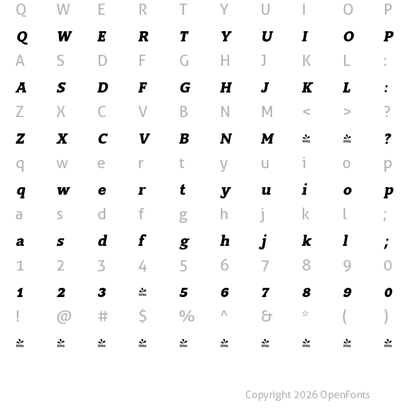 Character Map of FONTSPRING DEMO - Slam-Oblique BoldRounded Italic