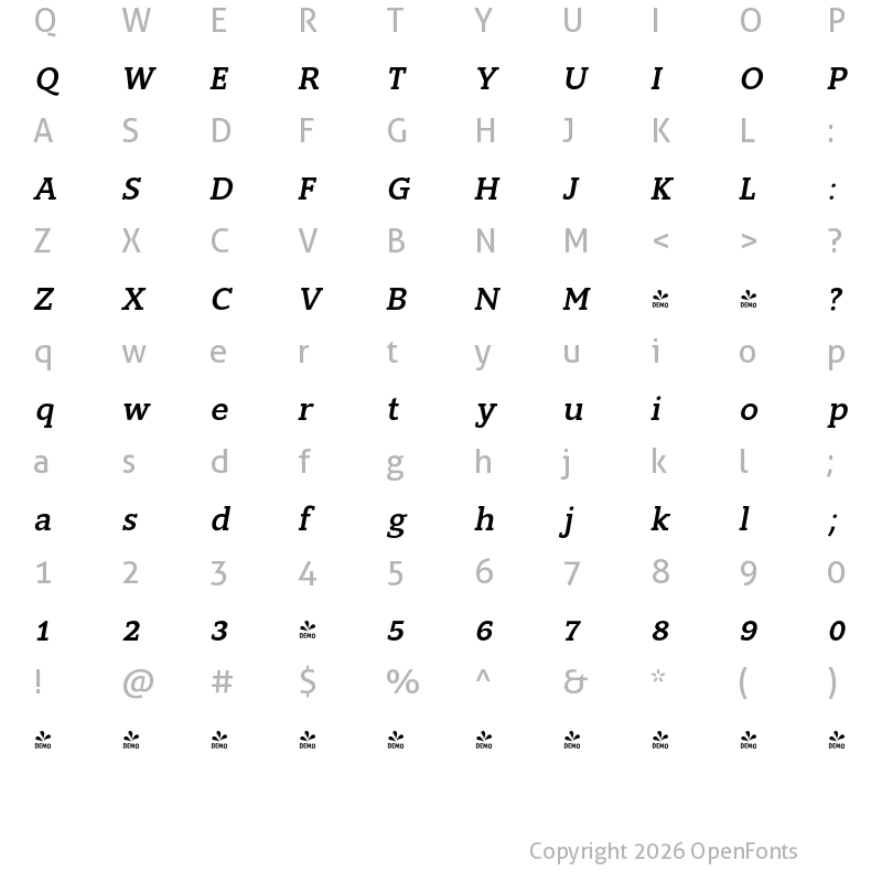 Character Map of FONTSPRING DEMO - Slam-Oblique Medium Italic