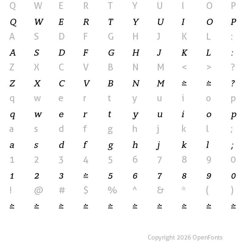 Character Map of FONTSPRING DEMO - Slam-Oblique Rounded Italic