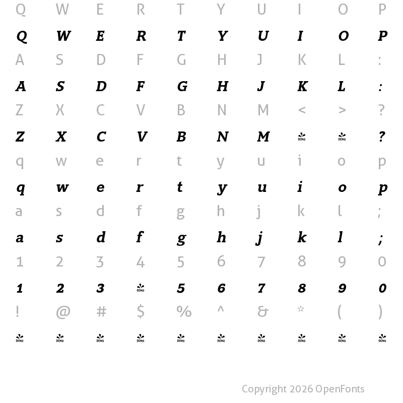 Character Map of FONTSPRING DEMO - Slam-Oblique SemiBold Italic