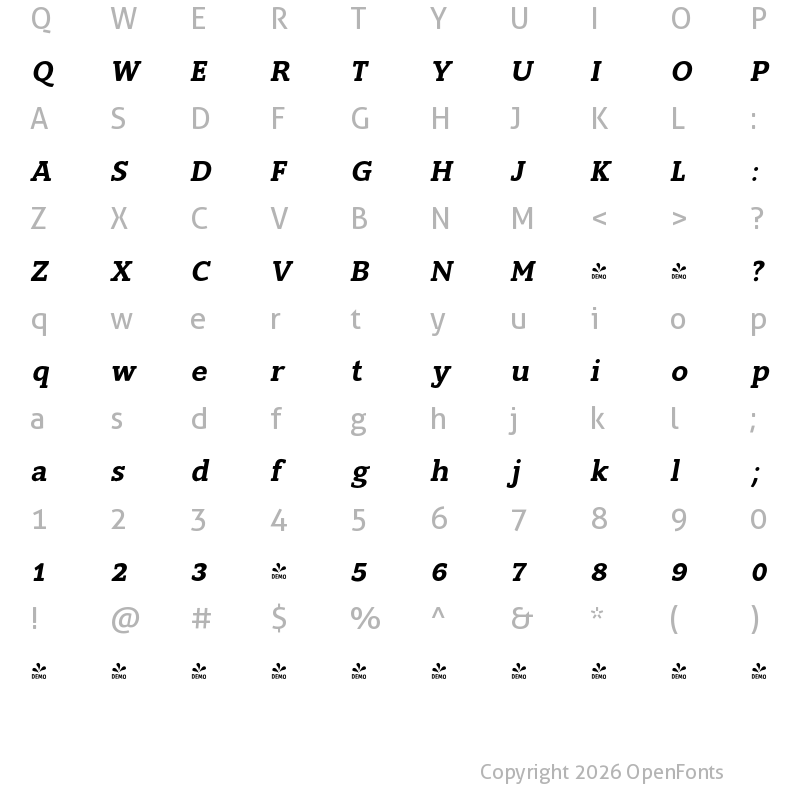 Character Map of FONTSPRING DEMO - Slam-Oblique SemiBoldRounded Italic