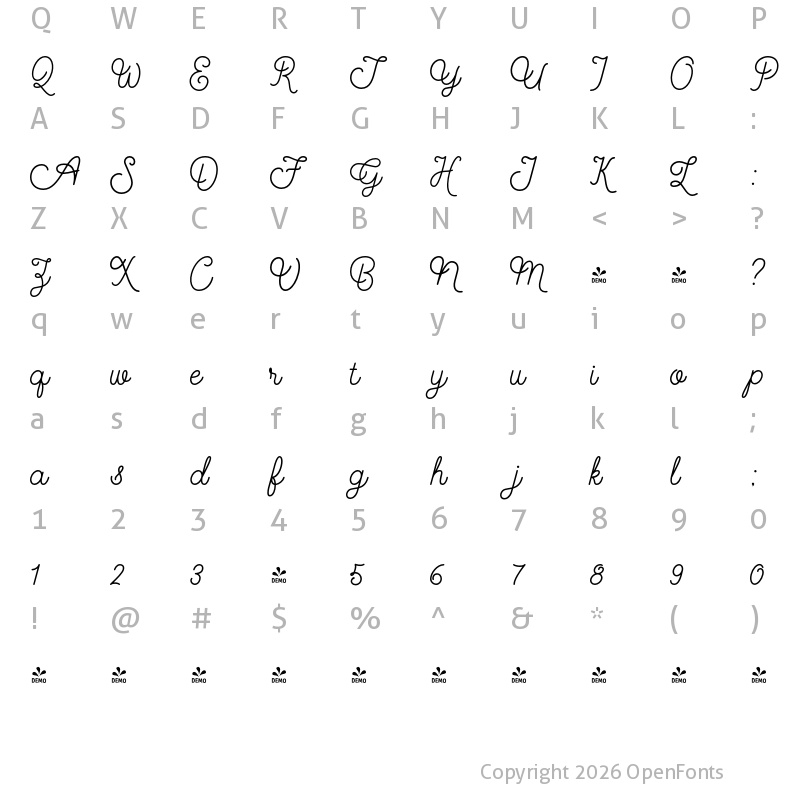 Character Map of FONTSPRING DEMO - Smoothy Script Regular