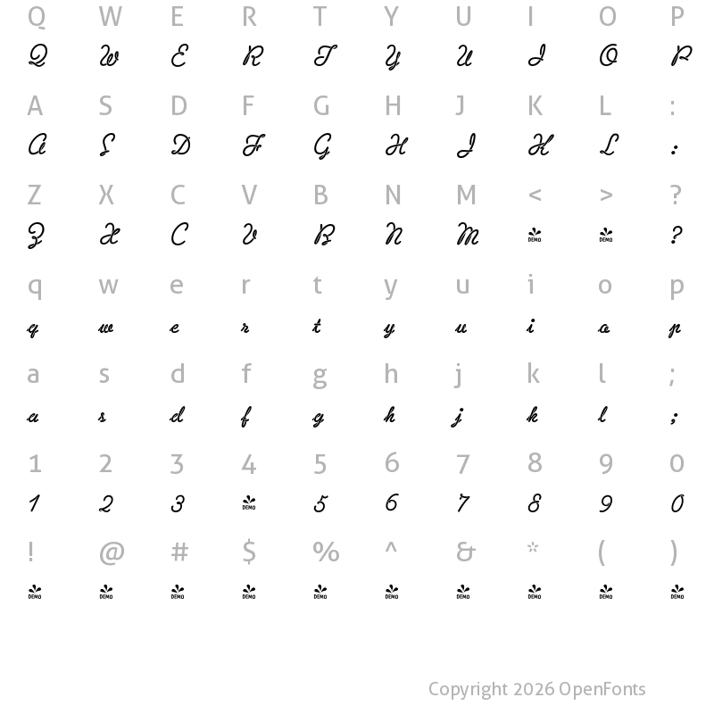 Character Map of FONTSPRING DEMO - Sneaker Script Regular