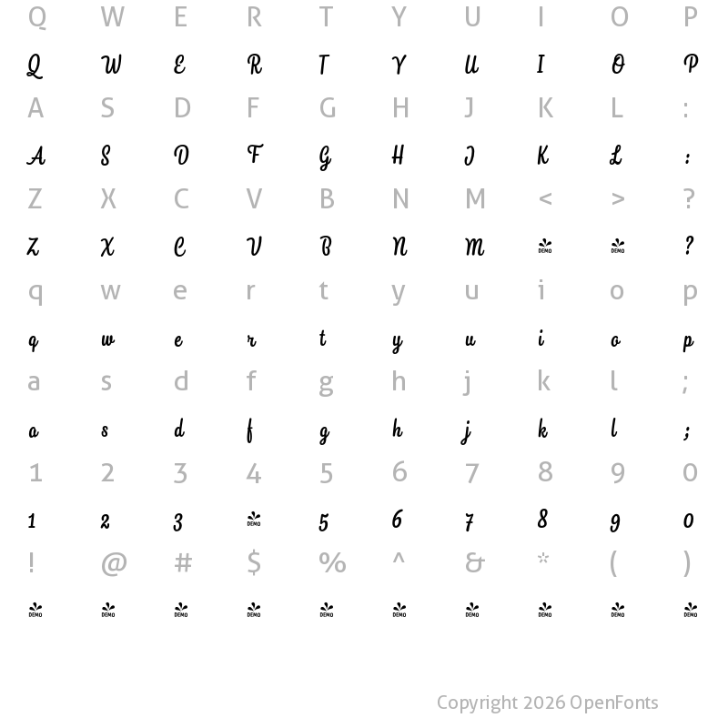 Character Map of FONTSPRING DEMO - Snooker Script Medium Regular