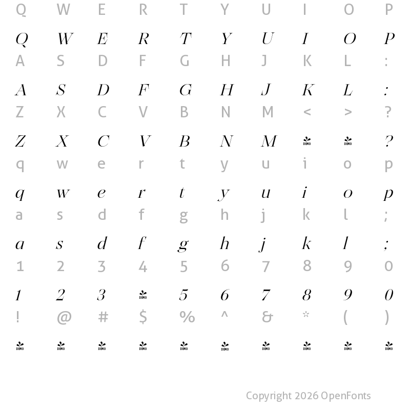Character Map of FONTSPRING DEMO - Solena Pro italic VAR Light It Regular