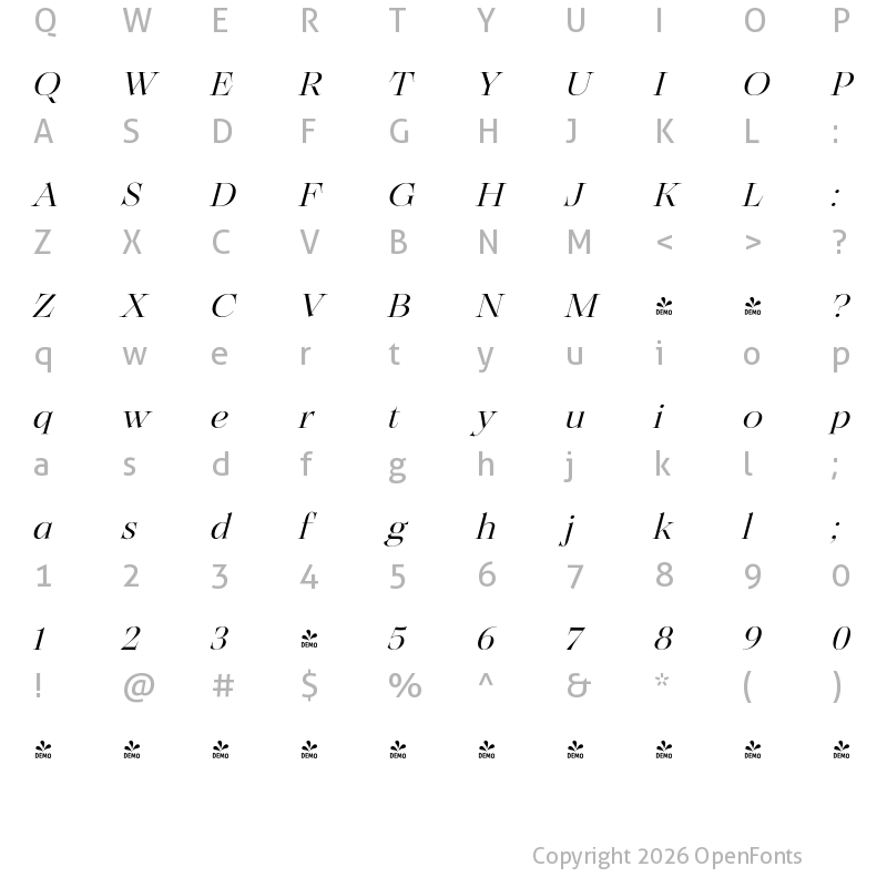 Character Map of FONTSPRING DEMO - Solena Pro Light Italic