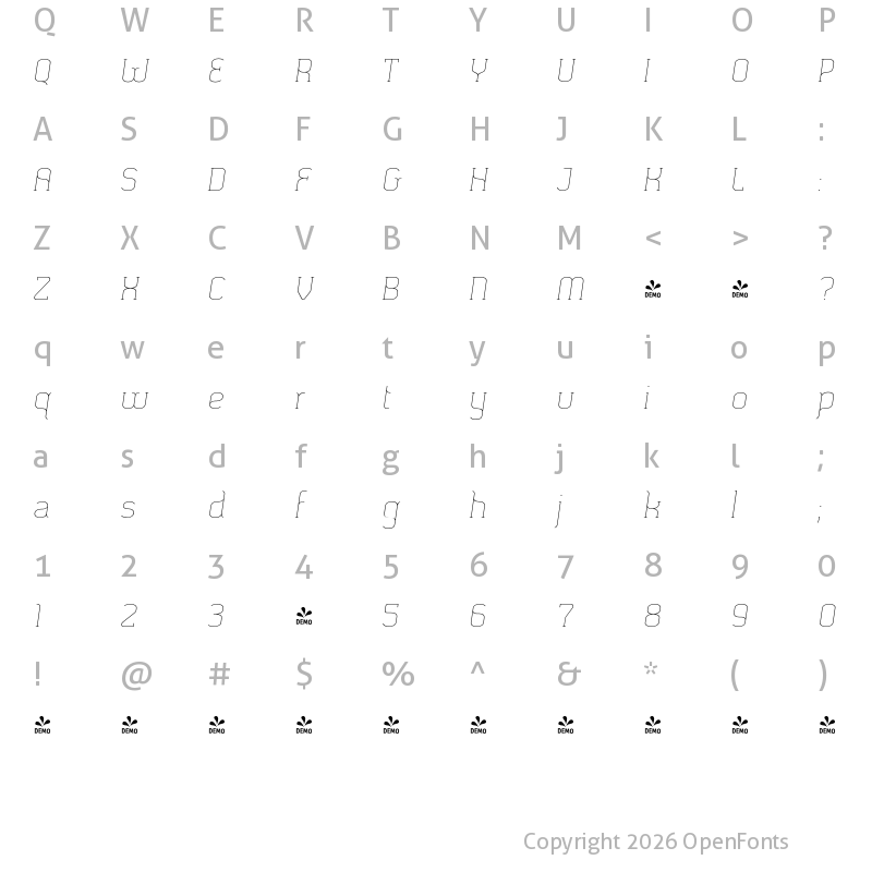 Character Map of FONTSPRING DEMO - SomaSlab Light Slanted Italic