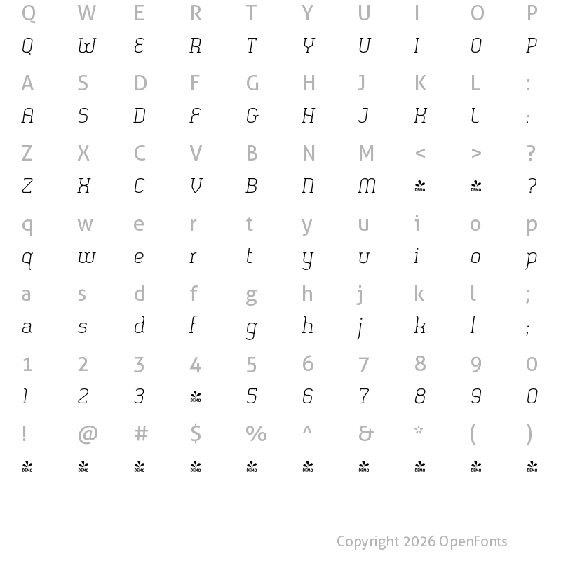 Character Map of FONTSPRING DEMO - SomaSlab Medium Slanted Italic