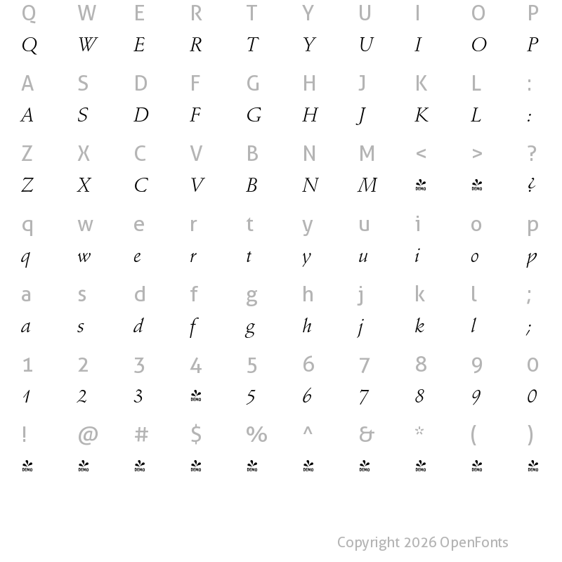 Character Map of FONTSPRING DEMO - Sondrio Italic