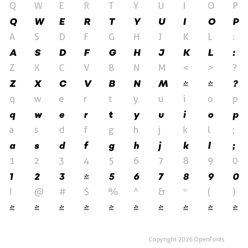 Character Map of FONTSPRING DEMO - Sonny Gothic Condensed Ex Bd It Regular