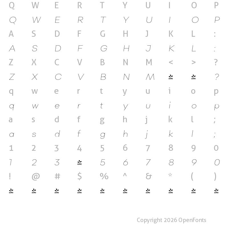 Character Map of FONTSPRING DEMO - Sonny Gothic Thin Italic Regular