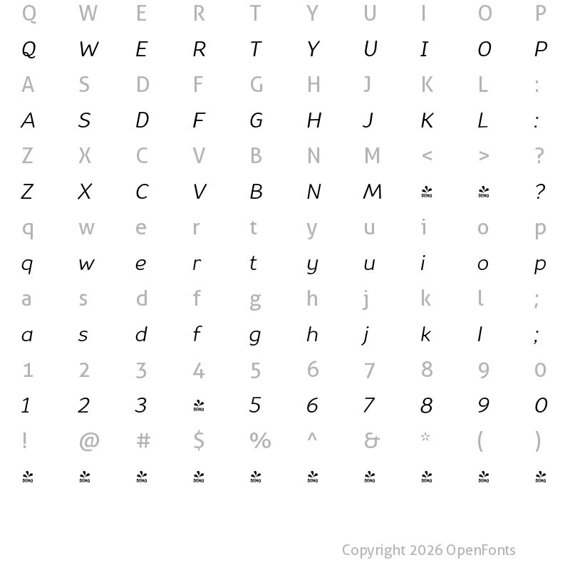 Character Map of FONTSPRING DEMO - Souses Italic