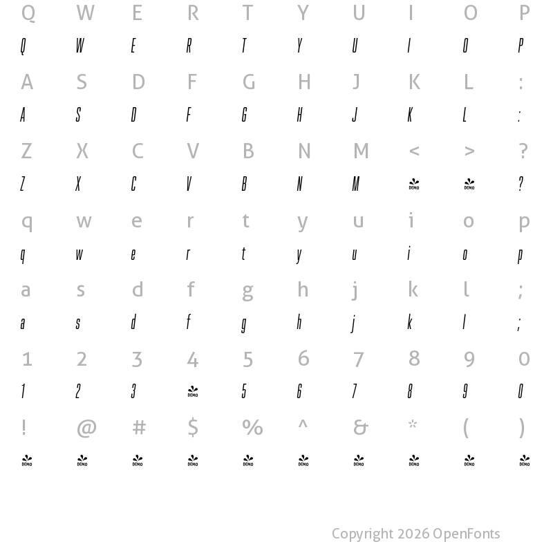 Character Map of FONTSPRING DEMO - Spaceland Five Italic