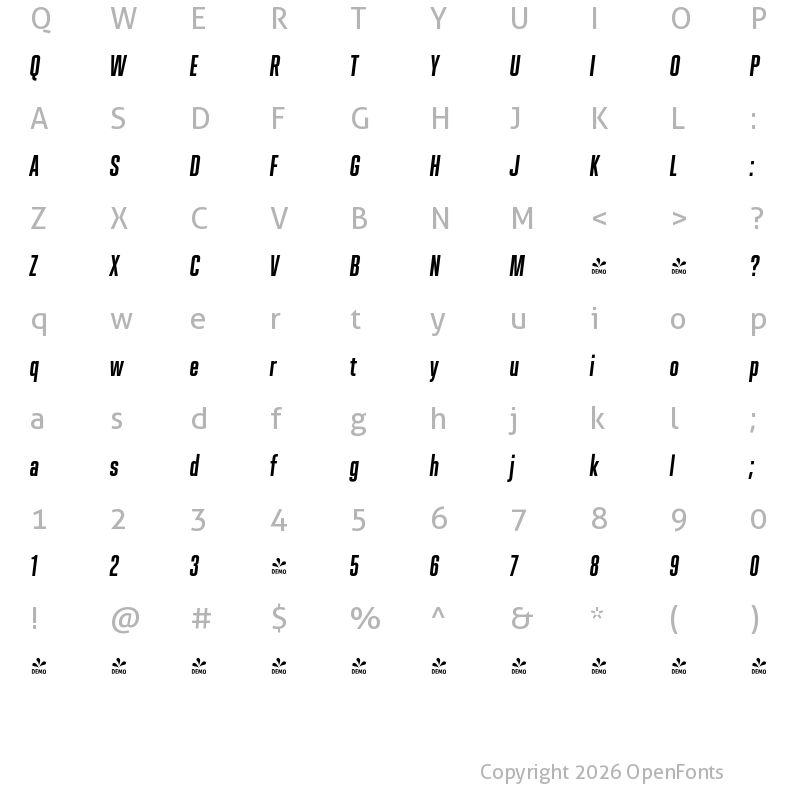 Character Map of FONTSPRING DEMO - Spaceland Nine Italic