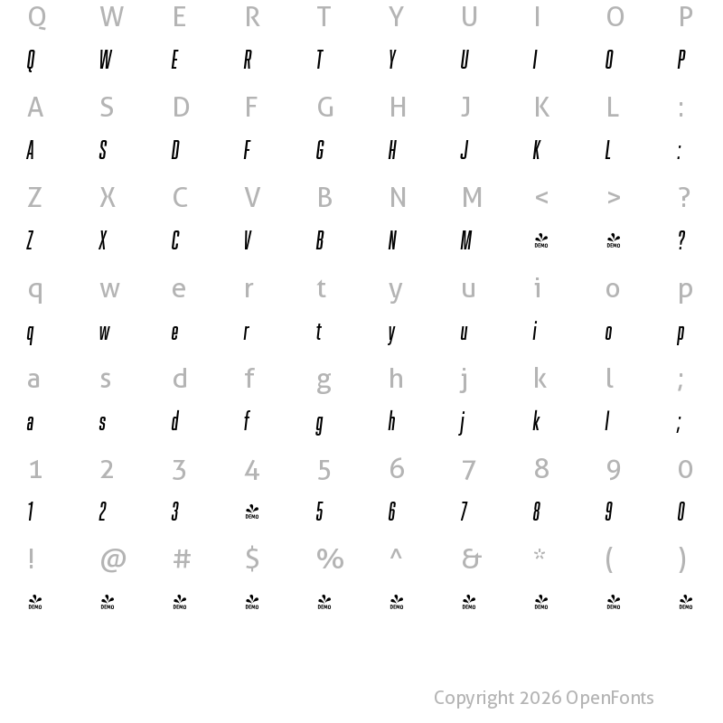 Character Map of FONTSPRING DEMO - Spaceland Seven Italic