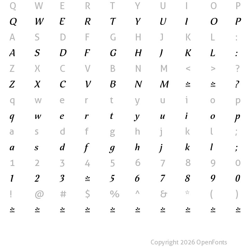 Character Map of FONTSPRING DEMO - Spirea Bold Italic
