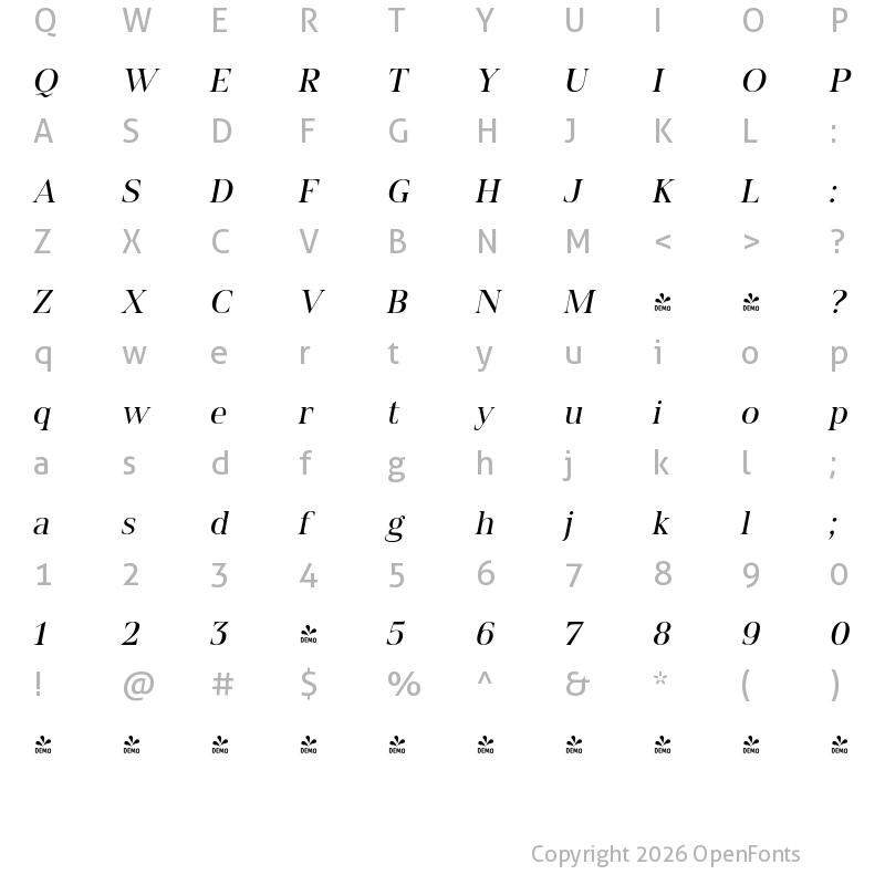 Character Map of FONTSPRING DEMO - Spitzkant Head Oblique Regular