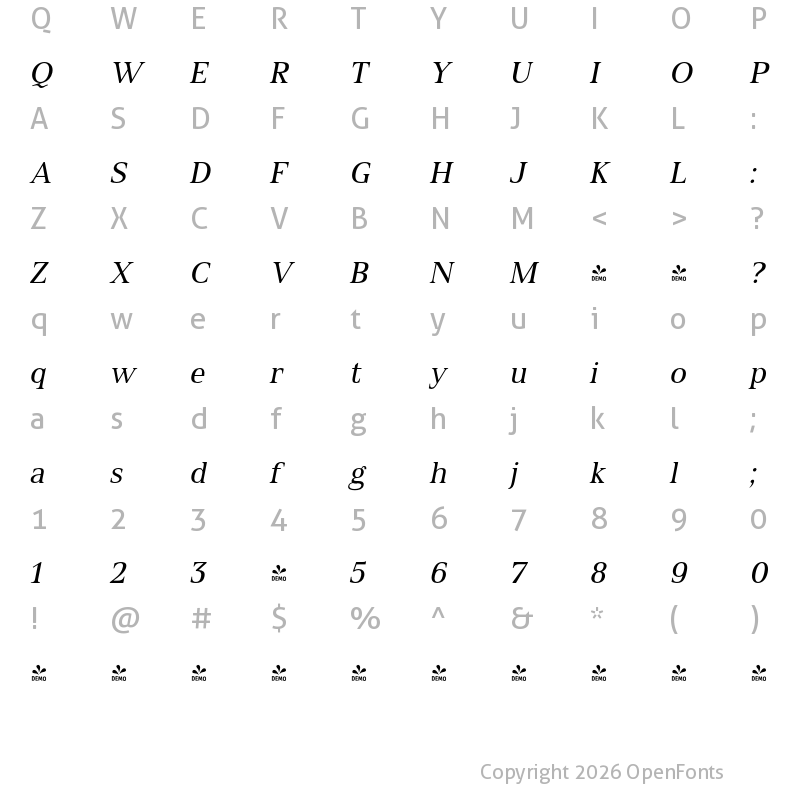 Character Map of FONTSPRING DEMO - Spitzkant Text Oblique Regular