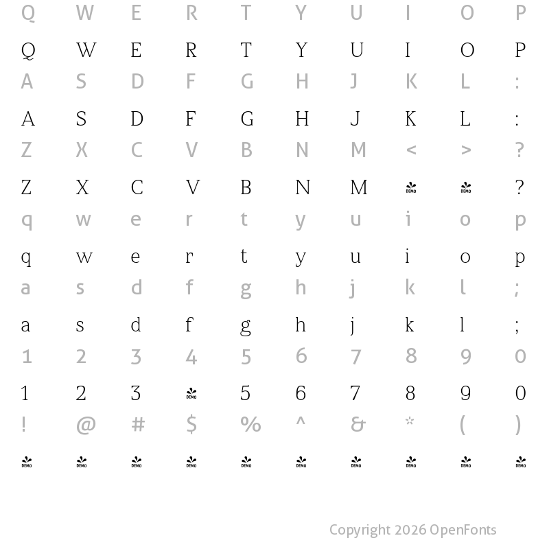 Character Map of FONTSPRING DEMO - Spitzkant Text Thin Regular