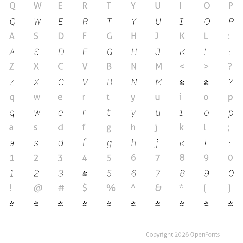 Character Map of FONTSPRING DEMO - Spock Pro UltraLight It Regular