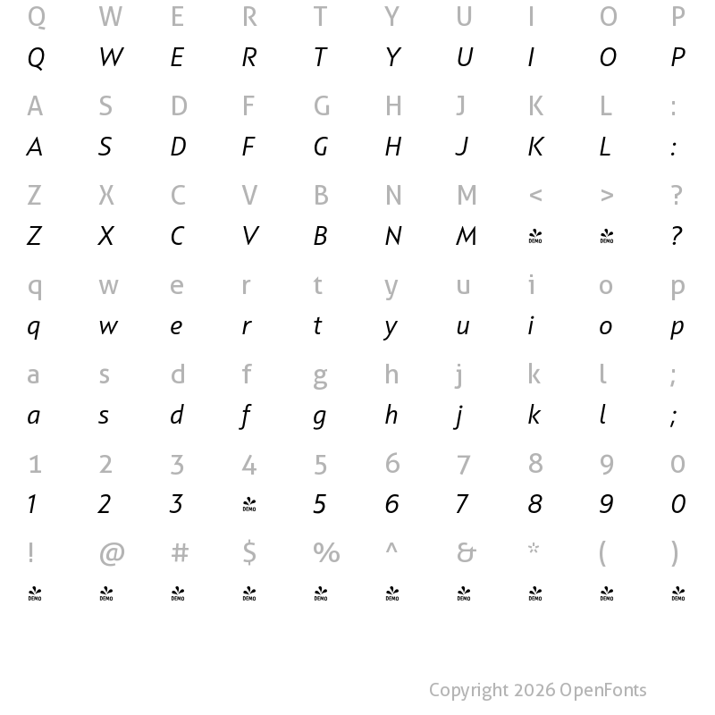 Character Map of FONTSPRING DEMO - Squad Italic