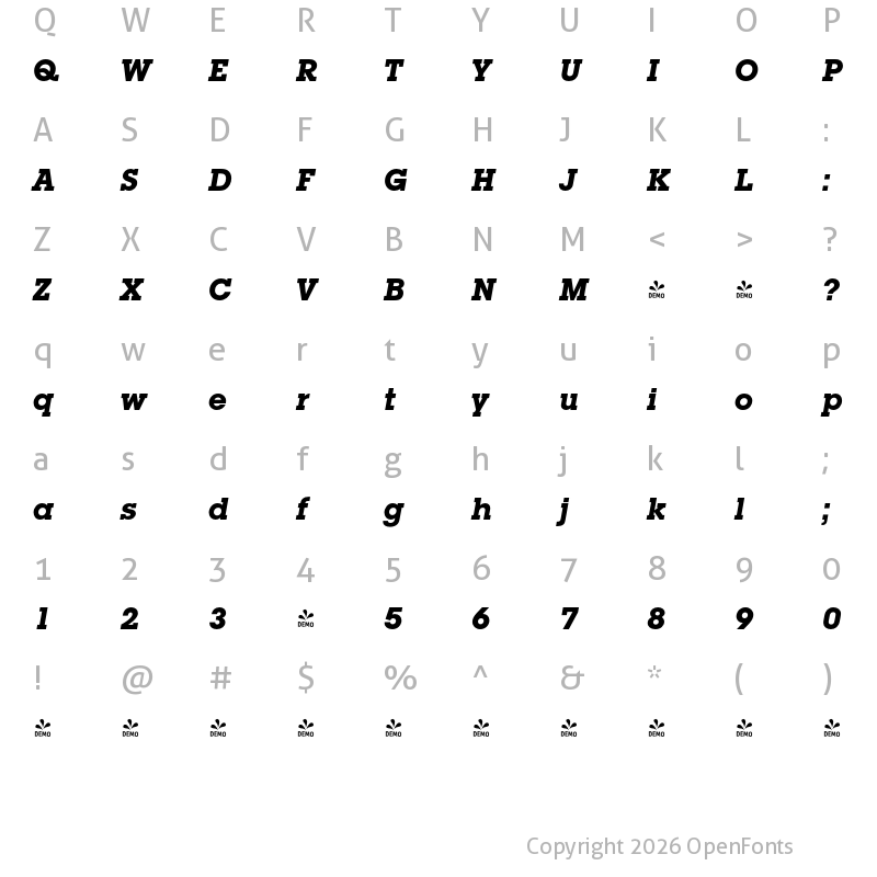 Character Map of FONTSPRING DEMO - Square Serif Bold Italic