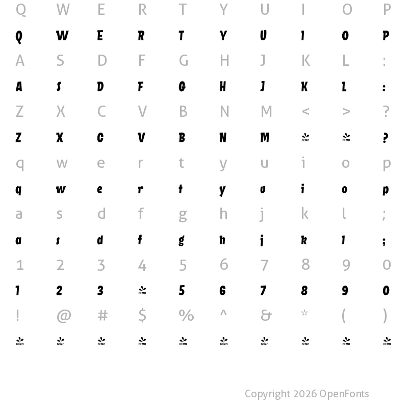 Character Map of FONTSPRING DEMO - Squick Densa Regular