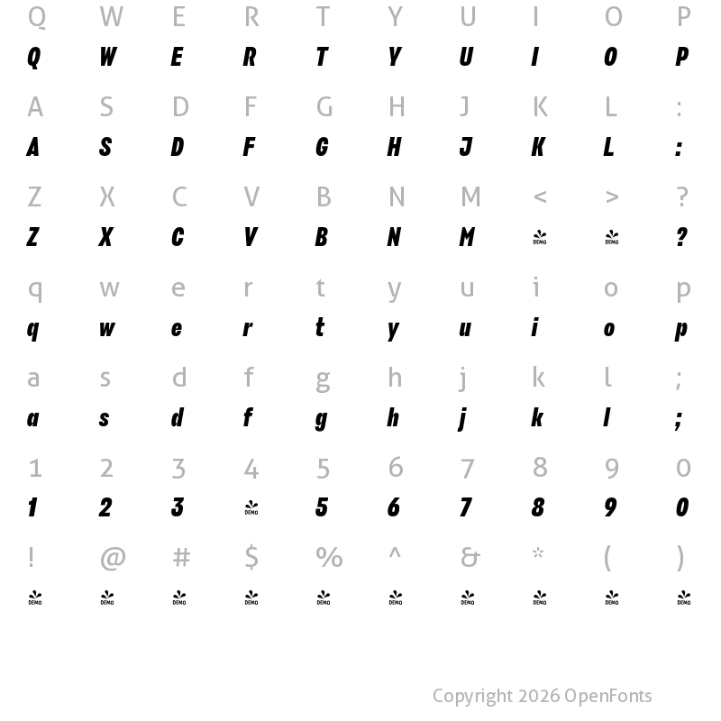 Character Map of FONTSPRING DEMO - Stapel Condensed Bold Italic