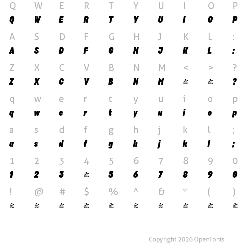 Character Map of FONTSPRING DEMO - Stapel Condensed Extra Bold Italic