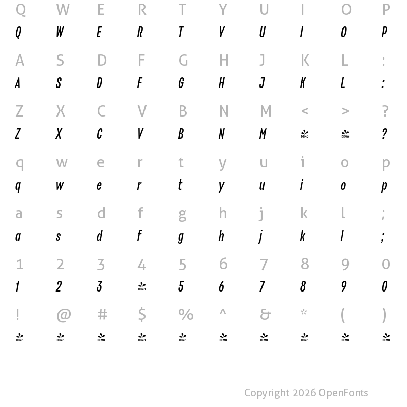 Character Map of FONTSPRING DEMO - Stapel Condensed Italic