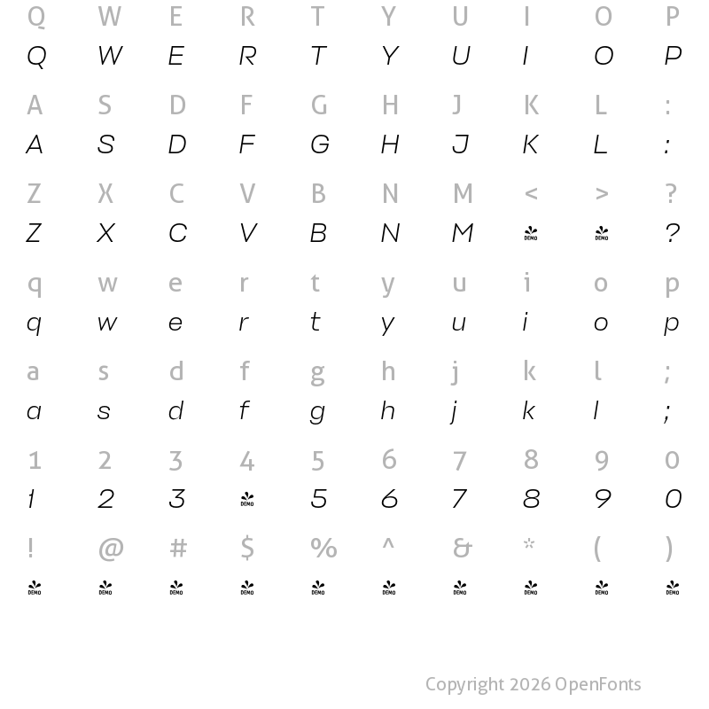 Character Map of FONTSPRING DEMO - Stapel Light Italic