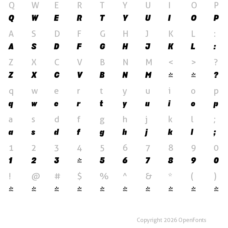 Character Map of FONTSPRING DEMO - Stapel Narrow Extra Bold Italic